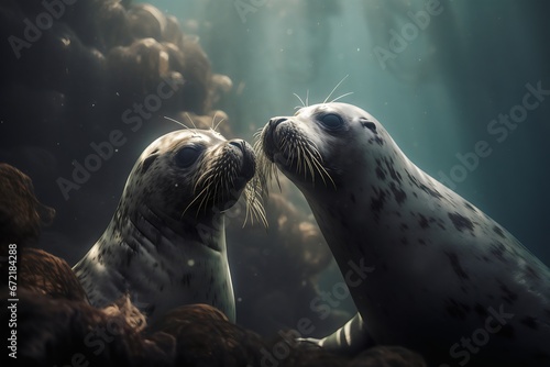 Two seal in the water, close-up. Generative AI.