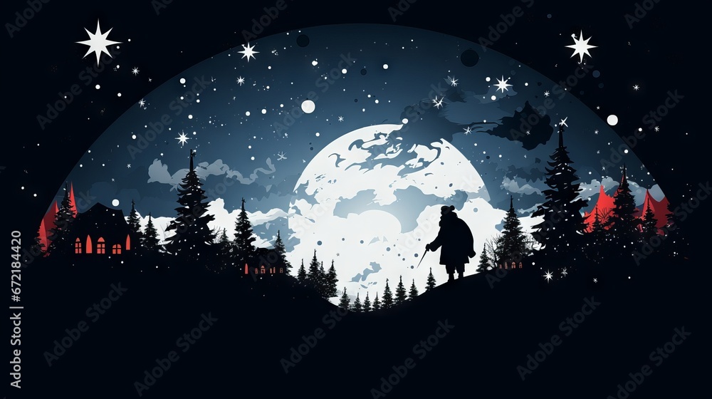 Santa Claus flying across the moon on Christmas eve - vector illustration