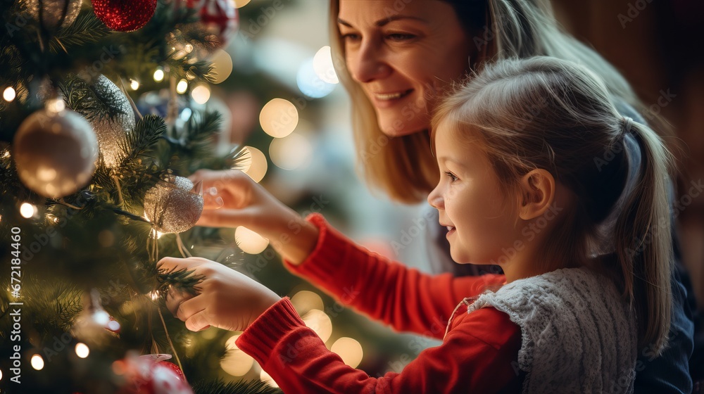 Mother and daughter enjoying quality time together while decorating a Christmas tree Mother and daughter enjoying quality time together while decorating a Christmas tree