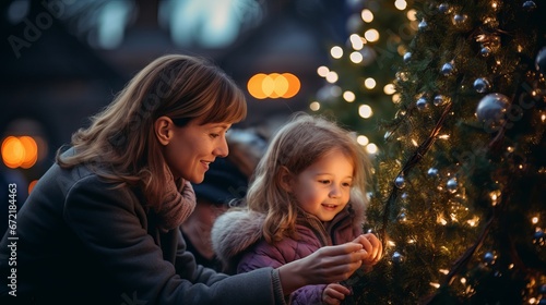 Mother and daughter enjoying quality time together while decorating a Christmas tree