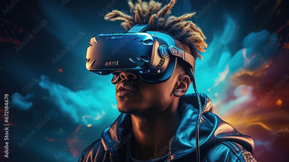 African American guy wearing VR headset, using virtual reality for entertainment African American guy wearing VR headset, using virtual reality for entertainment