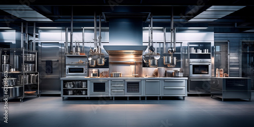 Stainless steel appliances and tools in a modern industrial kitchen