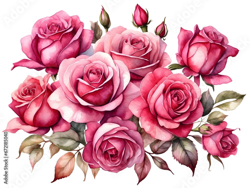 Watercolor Fuchsia color roses flowers arrangment in bouquet.Roses flower element for decoration. 