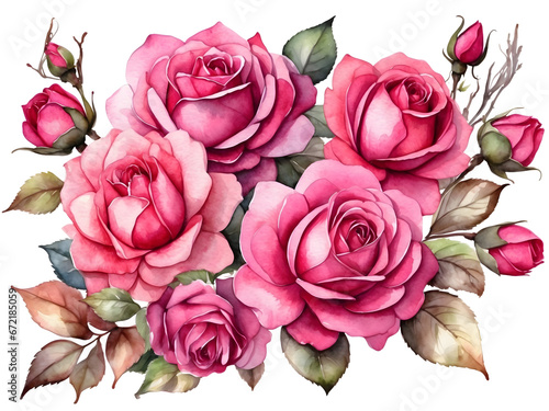 Watercolor Fuchsia color roses flowers arrangment in bouquet.Roses flower element for decoration. 