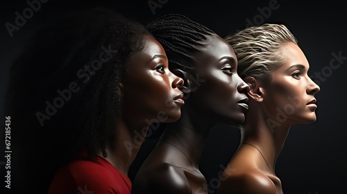 Photo caucasian and African American young woman isolated on black background.