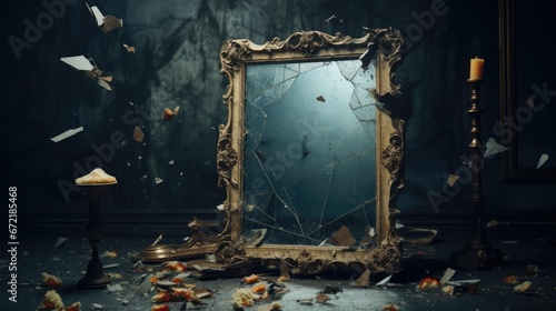 Broken vintage mirror in a frame on a dark background