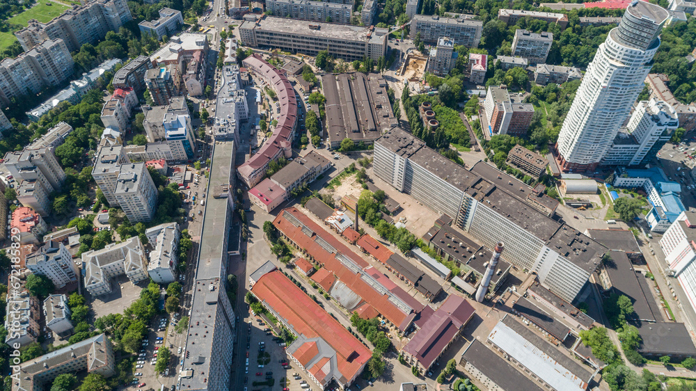 Aerial view building former factory Arsenal. Drone shot beautiful Kyiv Kiev building on a sunny summer day. Capital of Ukraine. Reconstruction