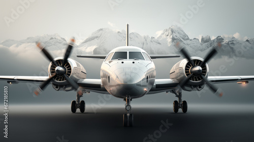 Concept of fast travel, holidays and business. Aircraft with propellers on runway, front view. Mountains background.