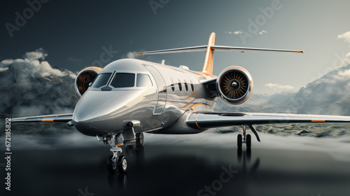 Concept of fast travel, holidays and business. Private Jet Airplane parked on the ramp and waits for its passengers.