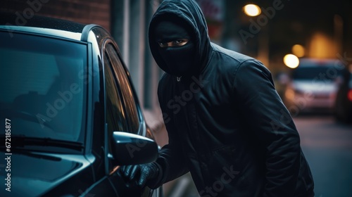 Burglar in a black mask tries to open a car in a parking lot at night. Car thief