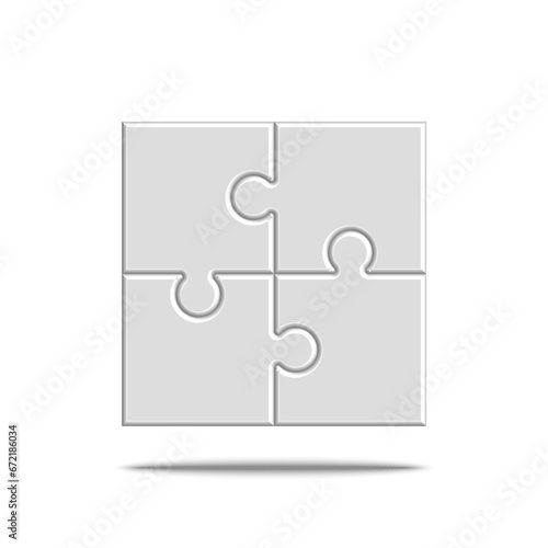 Square shape empty area assembled jigsaw puzzle from four sections for a motivation poster, 3d vector blank banner mockup white color with shadow.