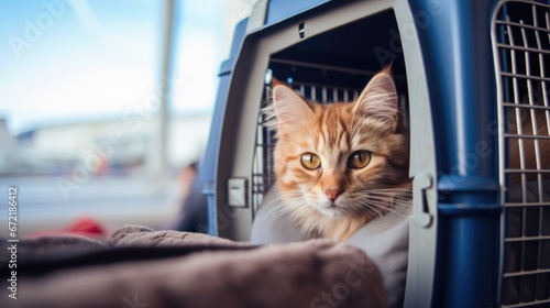 Cat in a carrier. Blurred background. Transporting pets on airplanes