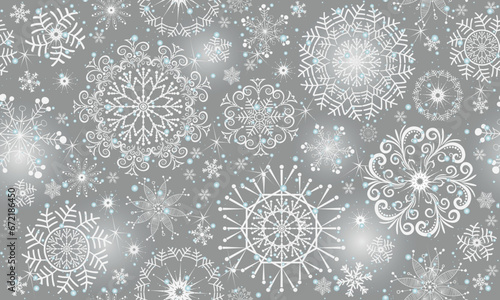 Christmas vector seamless pattern with stars and white snowflakes on a silvery background