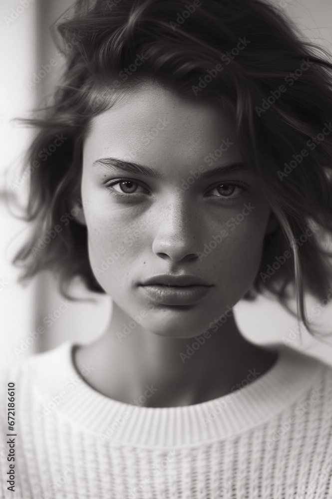 Monochromatic portrait of a brunette woman in a white sweater. Monochromatic portrait of a brunette woman in a white sweater.