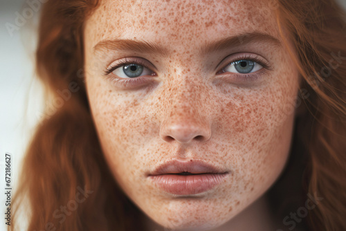 Portrait of a freckled Nordic girl with red hair, exuding summer vibes.