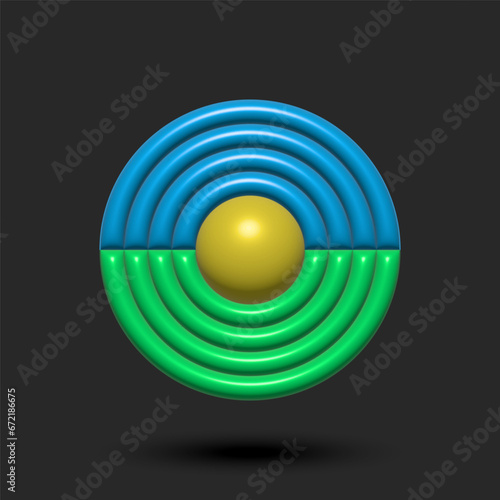 Abstract sun, sky and green grass eco farm 3d logo of round shape, convex shape made of latex material.