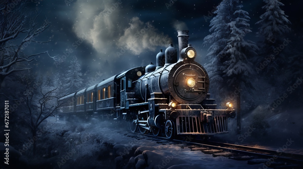 Old steam locomotive driving through a snowy forest at night: a magical Christmas scene - obrazy, fototapety, plakaty 