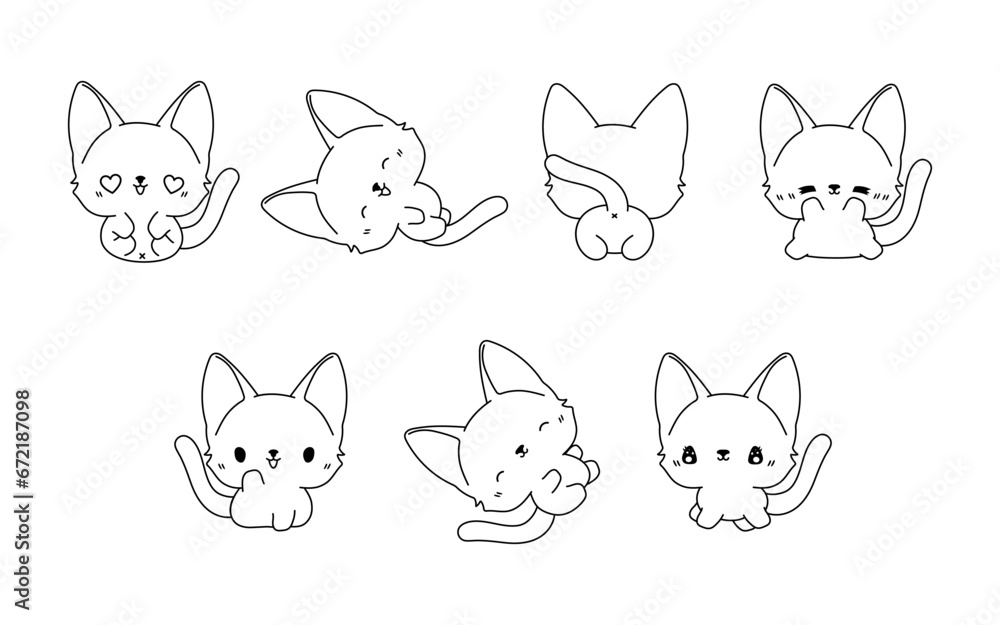 Collection of Vector Cartoon Bengal Cat Coloring Page. Set of Kawaii Isolated Baby Kitty Outline for Stickers, Baby Shower, Coloring Book, Prints for Clothes