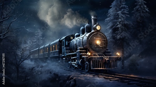 Old steam locomotive driving through a snowy forest at night: a magical Christmas scene photo