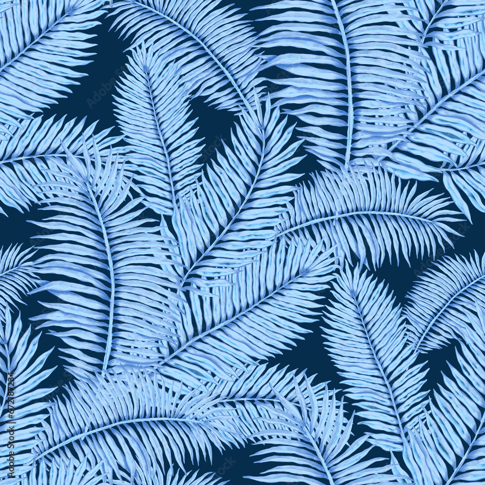 Watercolor seamless pattern with tropical leaves. Beautiful allover print with hand drawn exotic plants. Swimwear botanical design.	