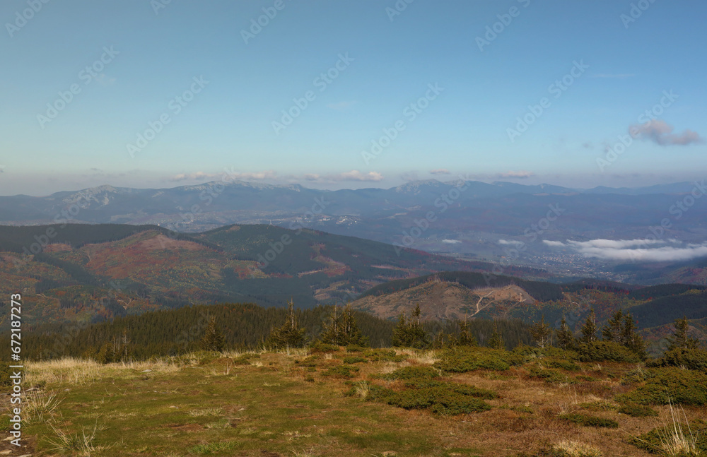 Landscape with Mount Hoverla hanging peak of the Ukrainian Carpathians against the background of the sky and clouds
