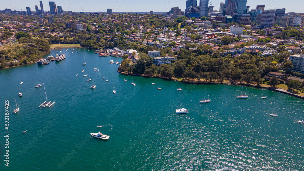 Aerial drone view of Berrys Bay and Waverton Park at Waverton on the lower North Shore of Sydney, New South Wales, Australia on a sunny day  