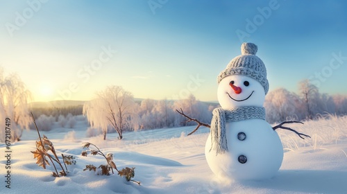 Snowman with scarf and hat in winter wonderland with Christmas greeting and copy space © Ameer