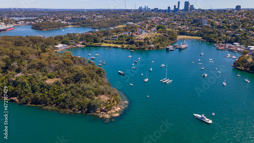 Leinwand Poster Aerial drone view of Berrys Bay and Balls Head Reserve at Waverton on the lower