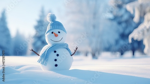 Snowman with scarf and hat in winter wonderland with Christmas greeting and copy space
