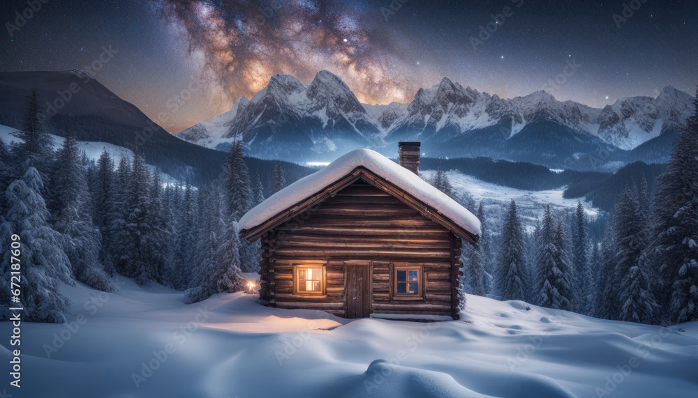 Snowy Mountain Cabin with Starry Sky and Milky Way - obrazy, fototapety, plakaty 