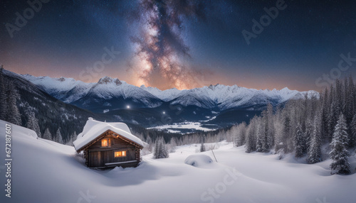 Snowy Mountain Cabin with Starry Sky and Milky Way
