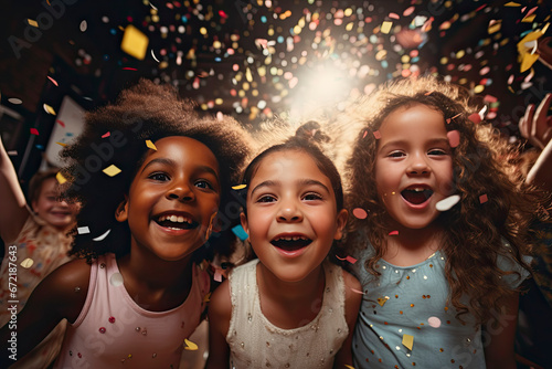 Child birthday concept. Happy multicultural kids having fun celebrating birthday party together with confetti. photo