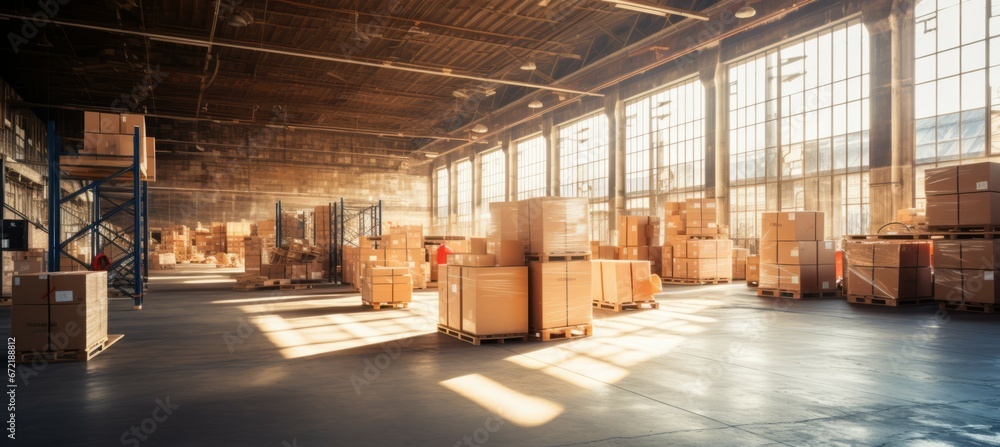 Warehouse storage interior building. Generative AI technology.