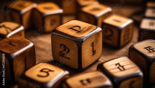 writen strategy icon in each old wood cubes in row on table style photo