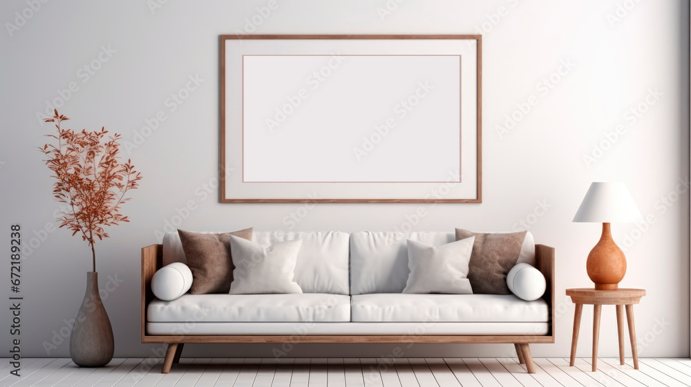 Fototapeta premium Blank horizontal poster frame mock up in scandinavian style living room interior, modern living room interior background, sofa
