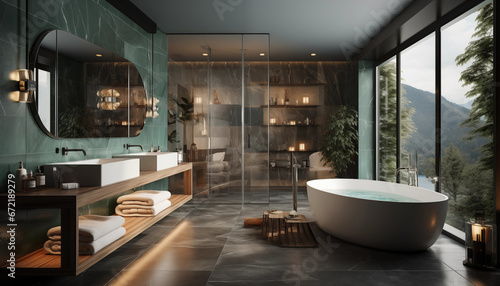 Fotografie, Obraz Salle de bain moderne vert d'eau double vasques carrées