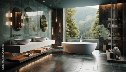 Billede på lærred Salle de bain moderne vert d'eau double vasques rondes