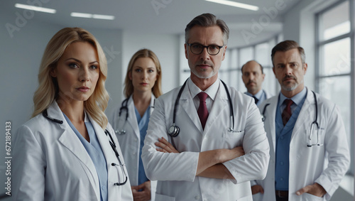 In the background of a hospital emergency room  a group of professional doctors stand ready to solve complex medical problems and pose for photographs.