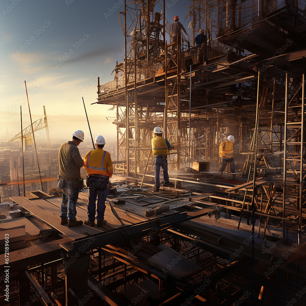A technician supervises a team of workers on a high steel platform, a technician searches and analyzes an unfinished construction project. A technician supervises a team of workers on a high steel platform, a technician searches and analyzes an unfinished construction project.