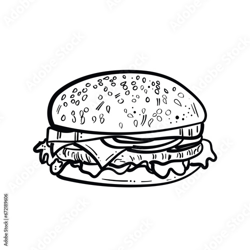 Tasty hamburger hand drawn with contour lines on white background. Drawing of juicy burger or sandwich with meat, cheese and vegetables, delicious fast food meal. Monochrome illustration