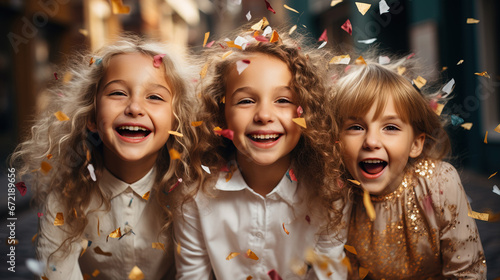 Group of smiling children in casual clothes throwing confetti