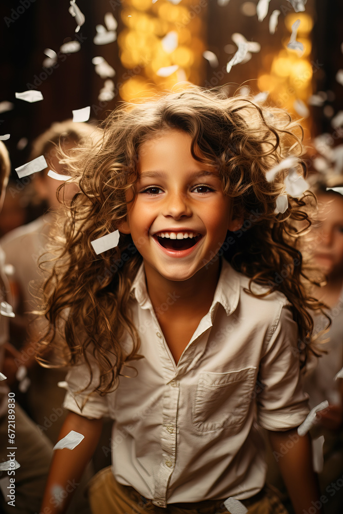 Kids Throwing Confetti and Smiling at Party