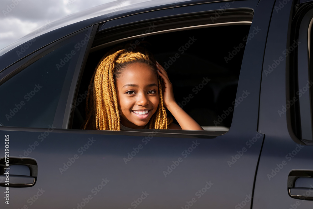 Black smiling girl with African pigtails, passenger in auto looking outside from car window