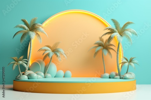 Tropical island stage podium with palm trees and sea paper cut art background.