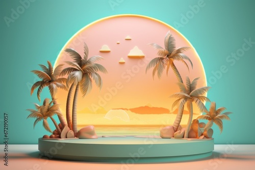 Tropical island stage podium with palm trees and sea paper cut art background. © Virtual Art Studio