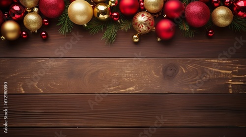 Red and gold Christmas ornament border on rustic wood background - above view