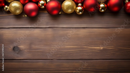 Red and gold Christmas ornament border on rustic wood background - above view banner