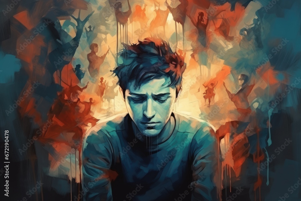 Illustration with a man with great psychological stress, anxiety and depression.