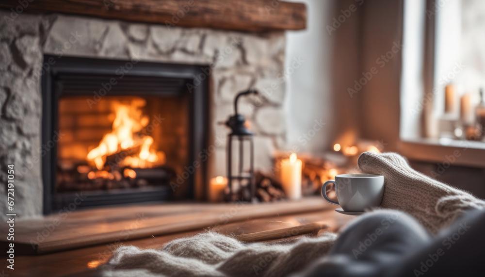 Fototapeta premium Cozy Evening by the Fireplace with a Hot Drink