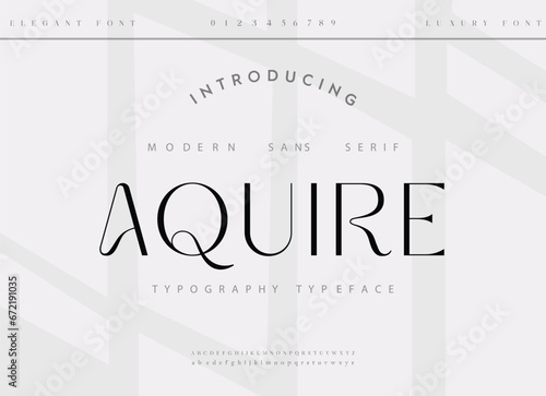 AQUIRE  premium luxury elegant alphabet letters and numbers. Elegant wedding typography classic serif font decorative vintage retro. Creative vector illustration photo